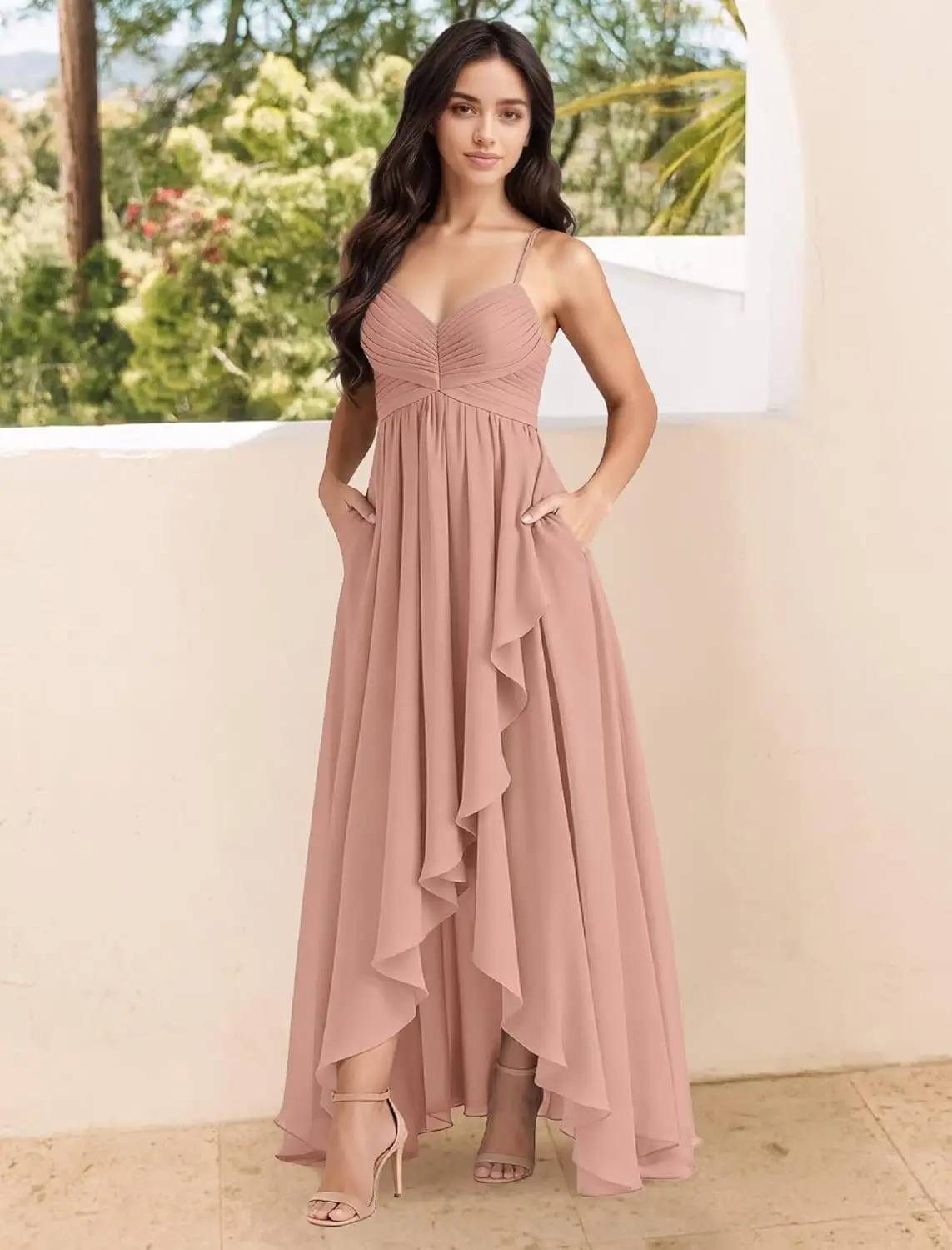 

V-neck Fold Women's Chiffon Bridesmaid Dresses with Pockets Spaghetti Straps Ruffle A Line Evening Gown with Slit Party Dresses