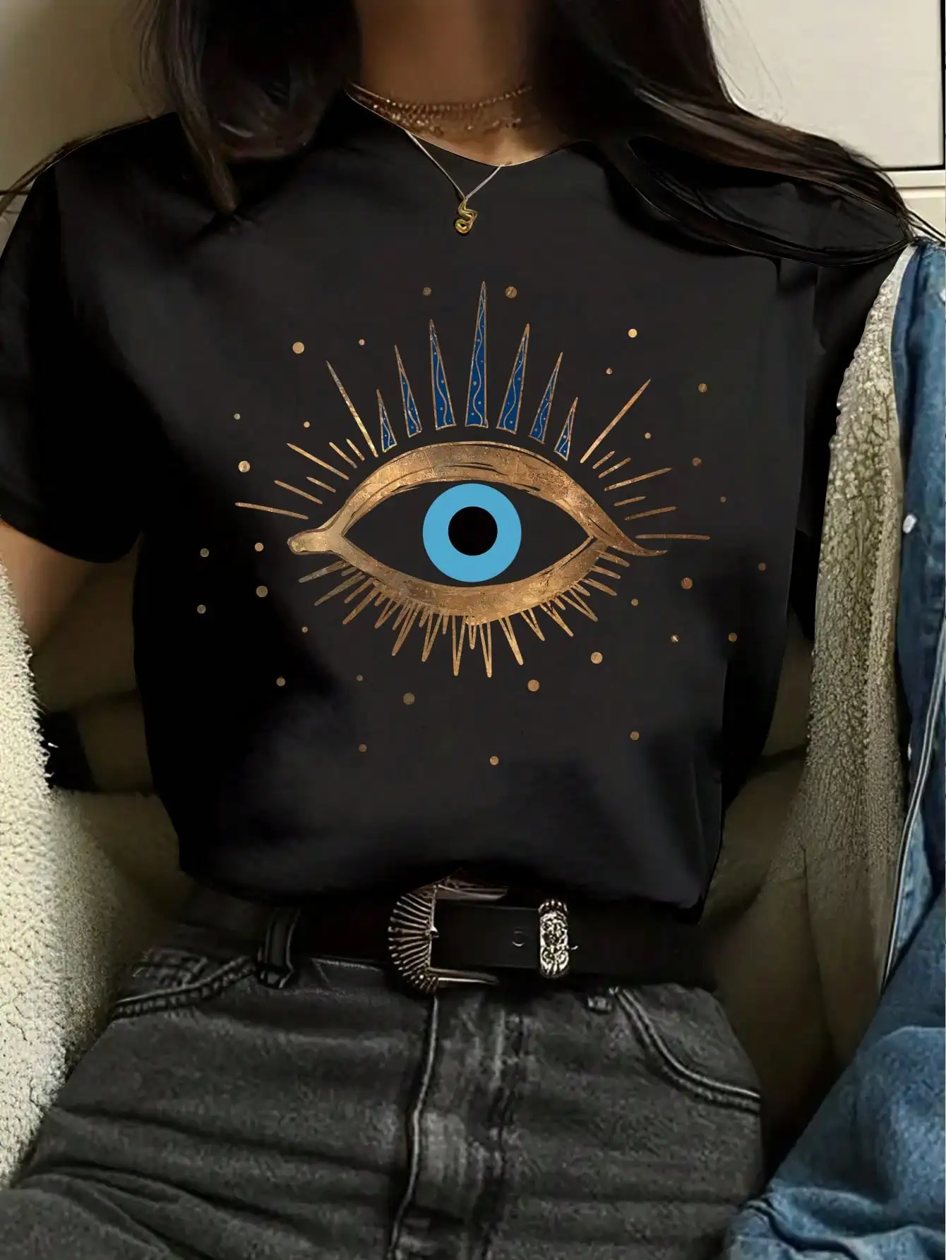 Camiseta de manga corta con estampado de ojos para mujer