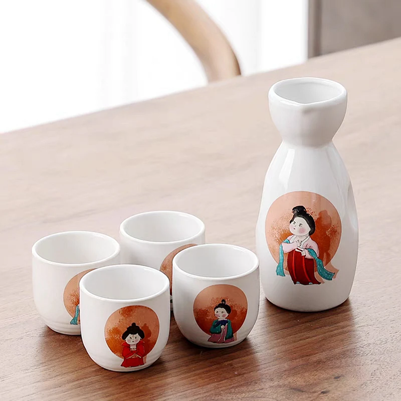 Ceramic Sake Set, 5pcs Princess Saki Set with 1 Sake Carafe 4 Sake Cups Soju Cup Tokurri Bottle 150ml