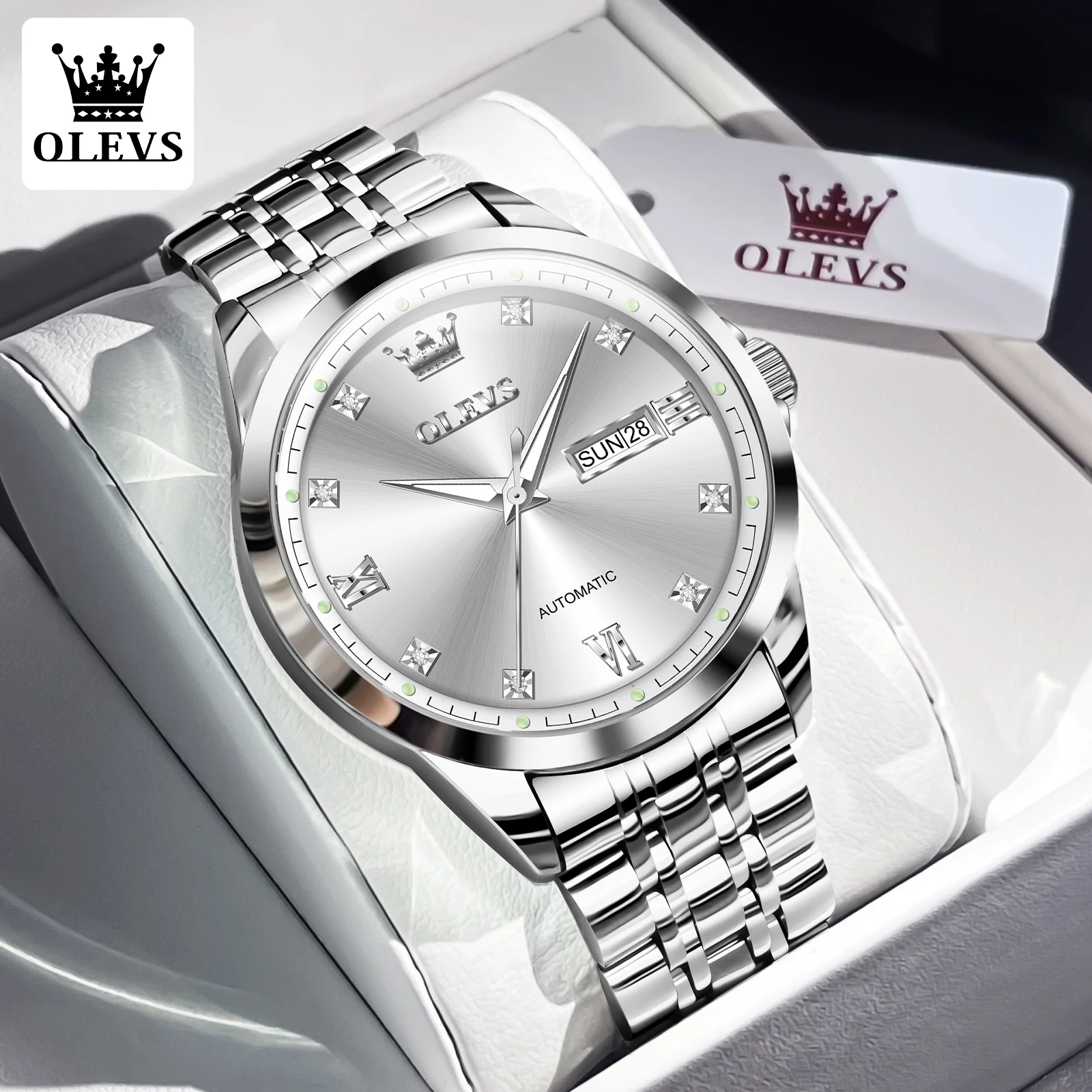 

OLEVS оригинальные модные автоматические механические часы для мужчин, водонепроницаемые светящиеся мужские часы из нержавеющей стали с календарем