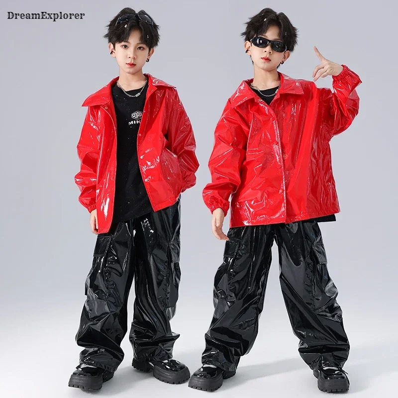 Ragazzi Hip Hop Giacca di pelle fresca Pantaloni cargo da ballo di strada Ragazza K-pop Set di vestiti Bambini Bambino Adolescenti Moda Jazz Lucido Streetwear