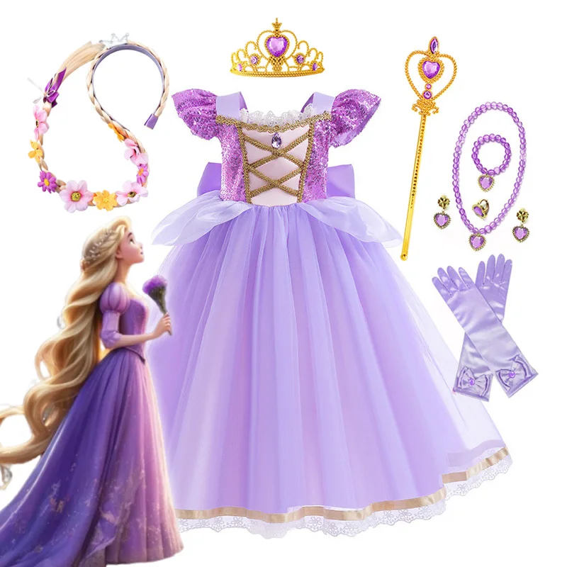 

Disney Rapunzel Princess Dress for Girls Halloween Cosplay Tangled Costume Birthday Party Kids Purple Sequins Mesh Bow Clothing