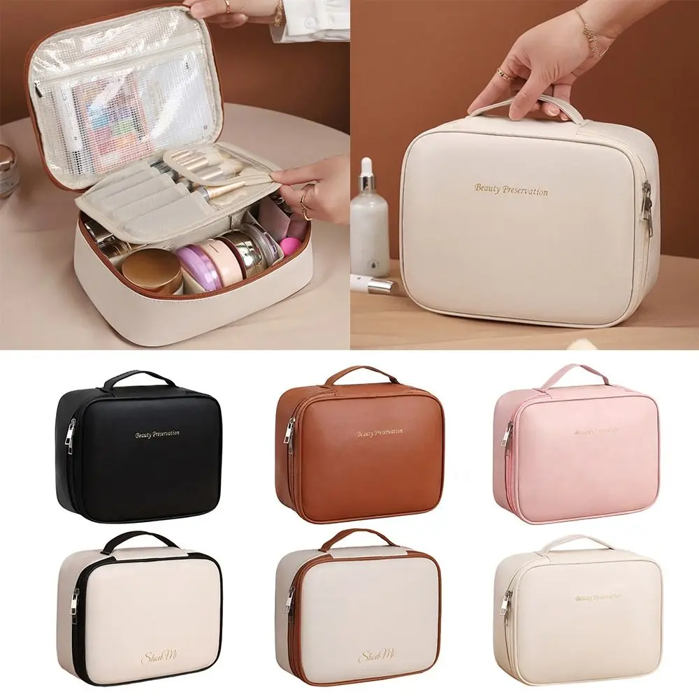 Square Detachable Makeup Bag Waterproof Zipper Cosmetic Bag PU Leather Compartmentalized Storage Makeup Bag Storage Bag