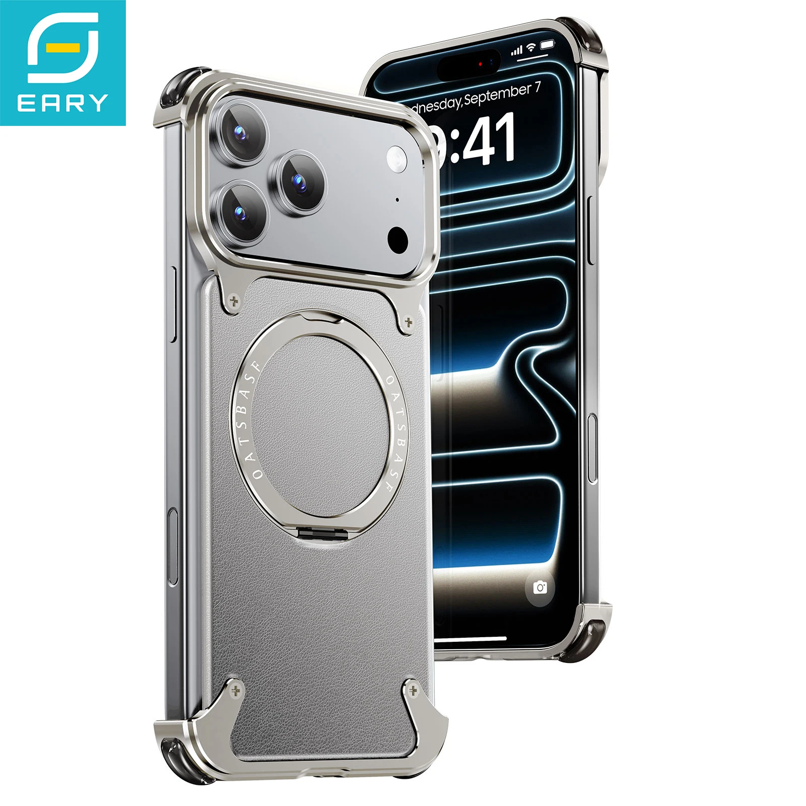 

Eary for iPhone 17 Pro Max Phone Case Leather for Magsafe Frameless Shells With 360°Rotate Magnetic Stand Anti-Drop Bumper Cover