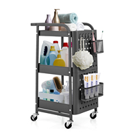 Trolley 3 Floors Kitchen Trolley with 2 Plainboards, Metal Multipurpose Trolleys, Kitchen trolley with 4 Hooks & 2 Baskets