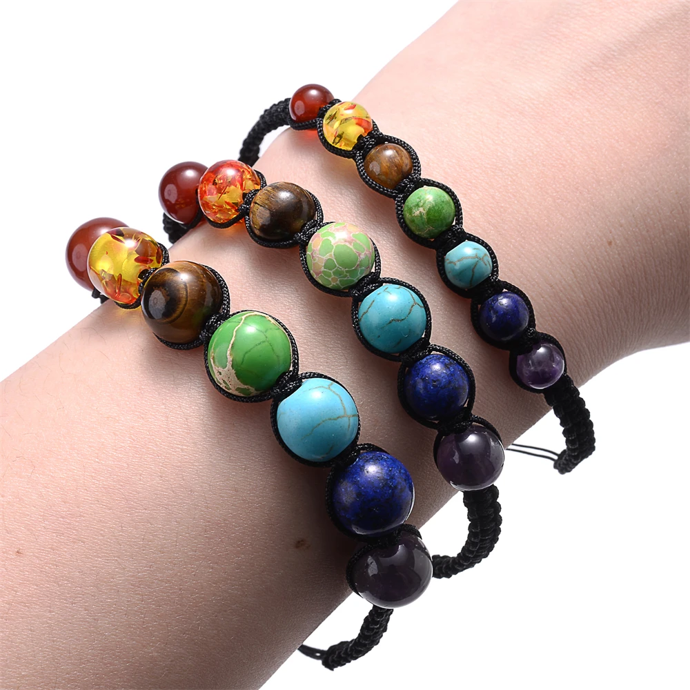 pulseiras feminina acessorios femininos pulseira feminina pedras naturais pulseira c7 chakra grânulos de pedra natural pulseira para mulheres corda preta trançada yoga reiki cura equilíbrio pulseiras presente meditação