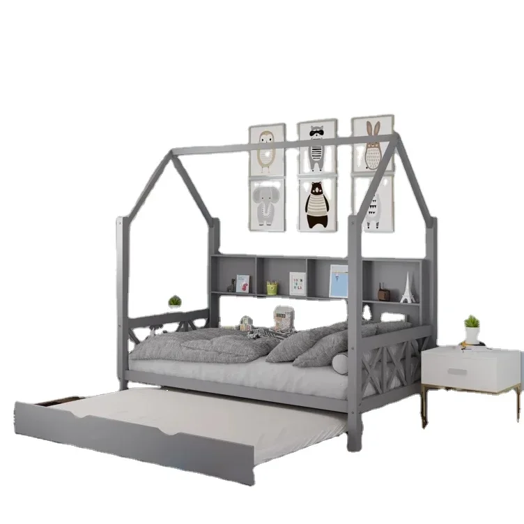 House Type Children's Bed with Pull-Out Bed Bedroom Furniture Platform Bed with Headboard