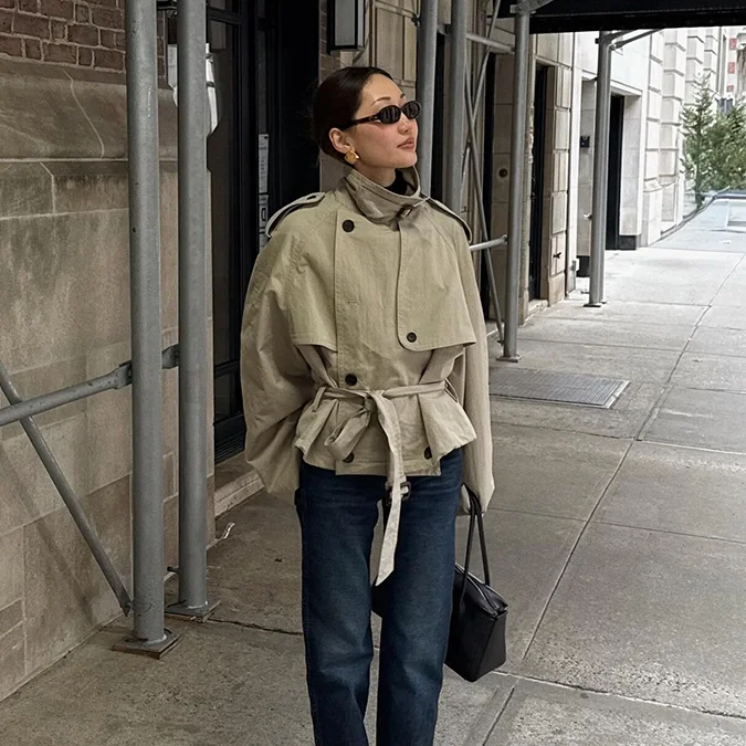 

Versatile Stylish Short Windbreaker Jacket Retro Stand Collar Loose Long Sleeve Women Coat Fashion Trend Office Lady Autumn Wear