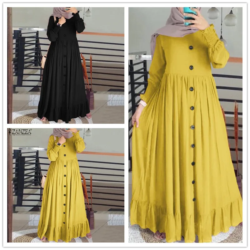 

2025 Spring and Autumn New Muslim Cotton and Hemp Artistic Casual Loose Large Round Neck Ruffle Dress Dubai Luxury Islam Elegant