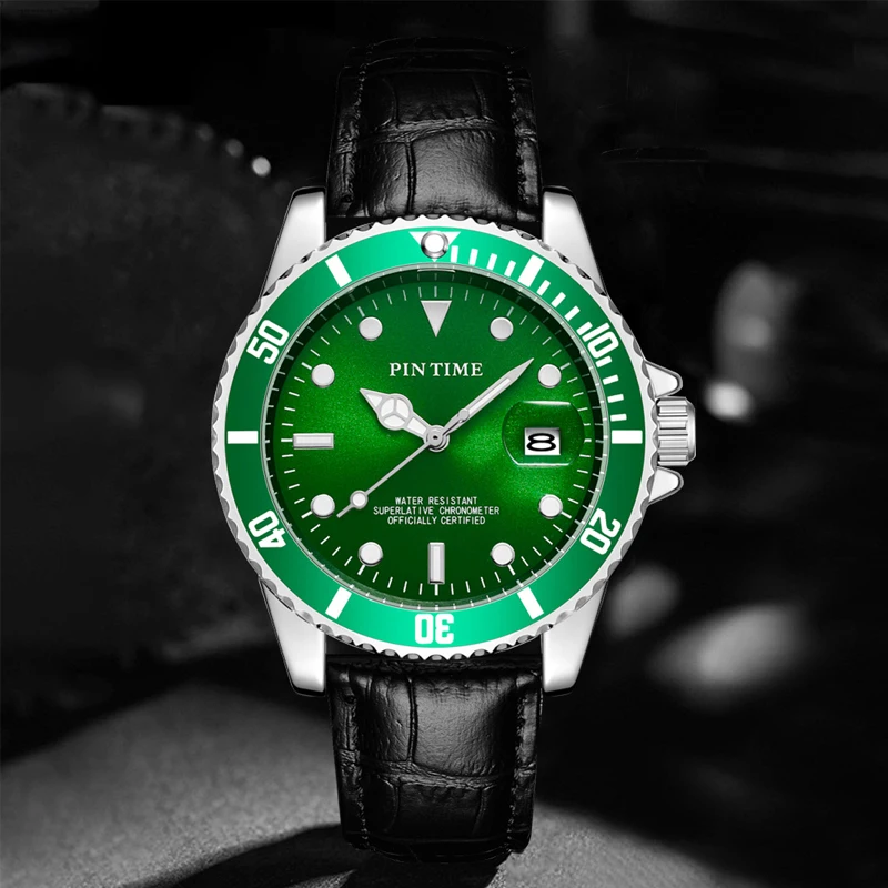 

PINTIME новые мужские деловые часы водостойкий календарь ночник функция модный тренд стиль кожаный ремешок мужские кварцевые часы