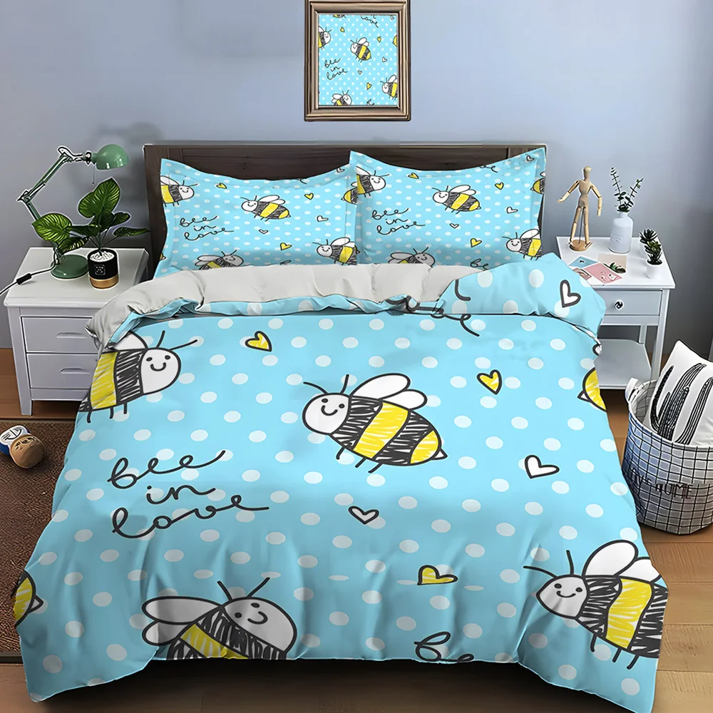 Cute Hand-drawn bees with hearts pattern Bedding Set 1 Duvet Cover 2 Pillowcases for Adult and Children Luxury Gift Full Size