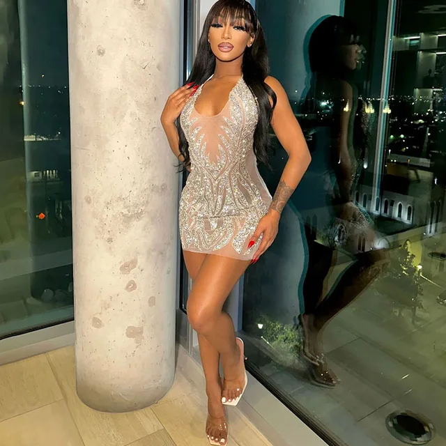 Diamenty Rhinestone Party sukienka urodzinowa dla kobiet klub nocny Mesh przepuszczalność Halter dekolt bez pleców seksowna Mini sukienka Bodycon