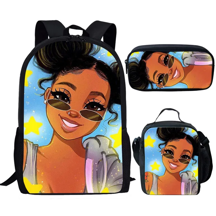 Meninas africanas 3D Print School Bags, Popular e Criativo, Novidade, Aluno, Mochila para Laptop, Mochila, Lunch Bag, Lápis, 3pcs por conjunto