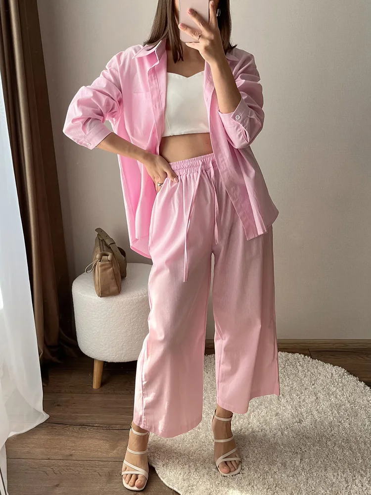 Streamgirl Linen Pants Sets For Women Summer Suits Pink Two Piece Trouser Women's Suit Sets Linen Shirt Set Oversize Outfit Suit