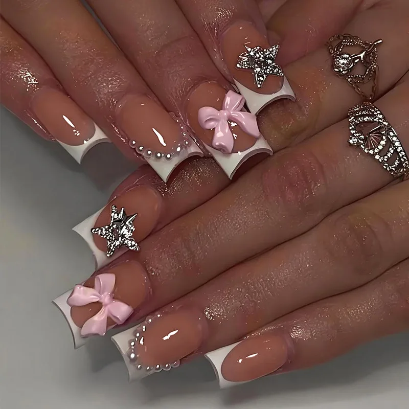 24Pcs Bow White French False Nails 3D Glitter Star Pearl Decor Detachable Press on Ballet Nails Sets Short Square Head Fake Nail