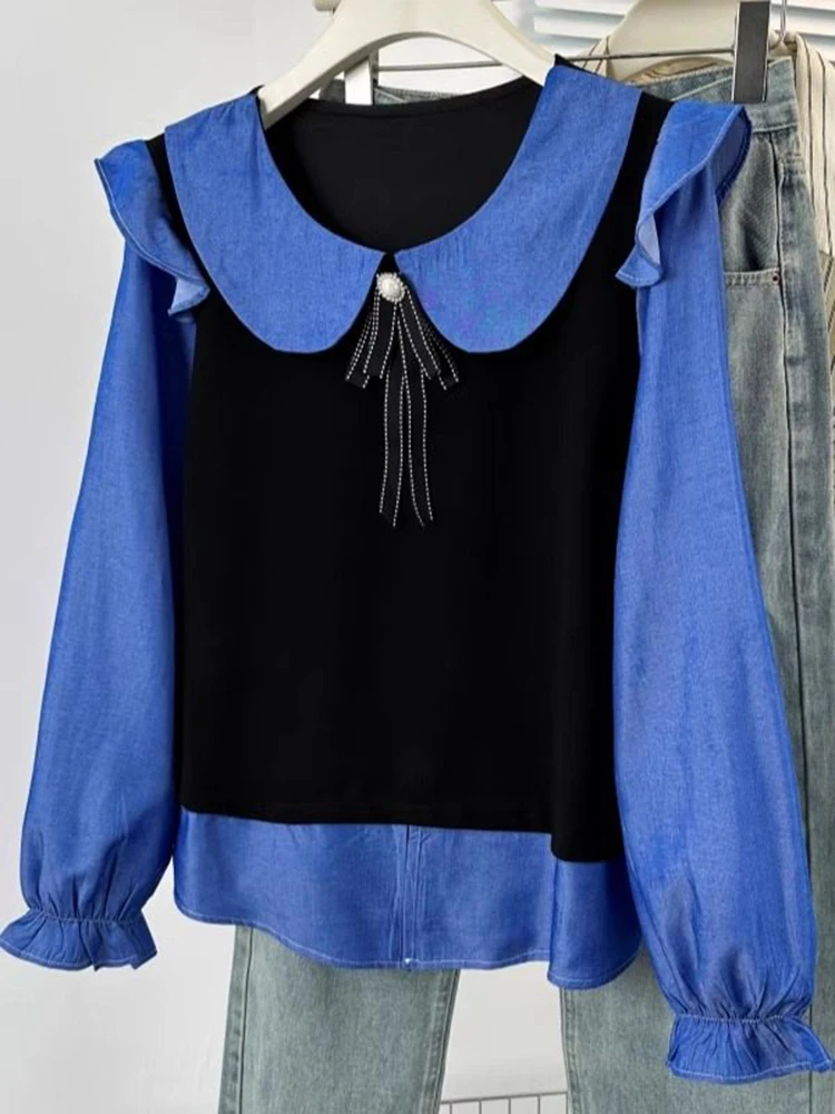 

Fake two piece doll collar long sleeved shirts women unique and contrasting colors elegant and sweet versatile tops