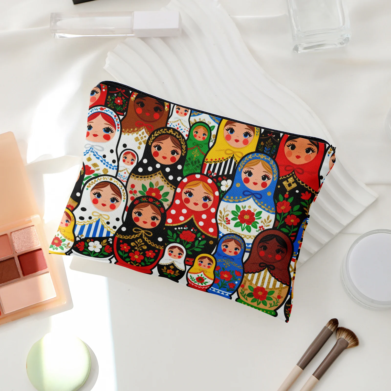 

Colorful Russian Matryoshka Doll Double-Sided Print Lined Storage Bag, Traditional Folk Pattern Makeup Pouch