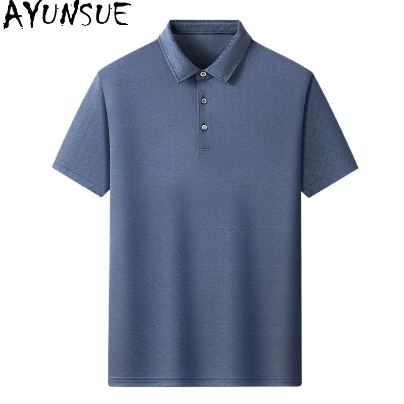 AYUNSUE High-end 96.8% Real Mulberry Silk Polo Shirts for Men Summer Fashion Lapel Short Sleeve Shirt Tops Man Polo Shirts 2026