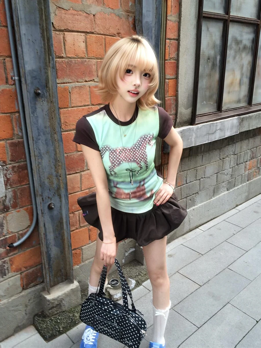 American Y2K Spicy Girl Street Checkered Top Women Summer Design Sensation Small Color Block Slim Shoulder Short Sleeve T-shirt