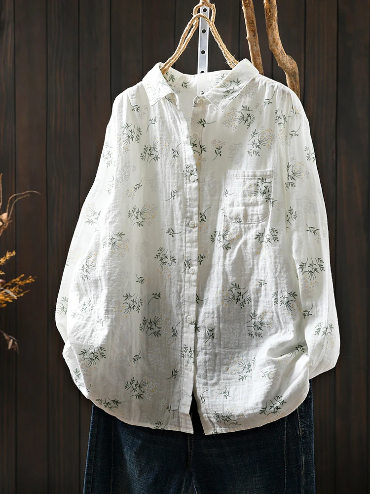 

100% Cotton Women Long Sleeve Shirt New Arrival 2025 Autumn Simple Style Floral Print Loose Female Casual Tops Shirts T727