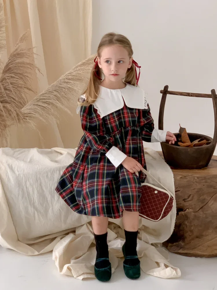 

Vintage Girls Sweet Long-sleeved Princess Dress Spring Autumn Plaid Casual Dress Kid Clothes Girl Korean Style Kids Dress