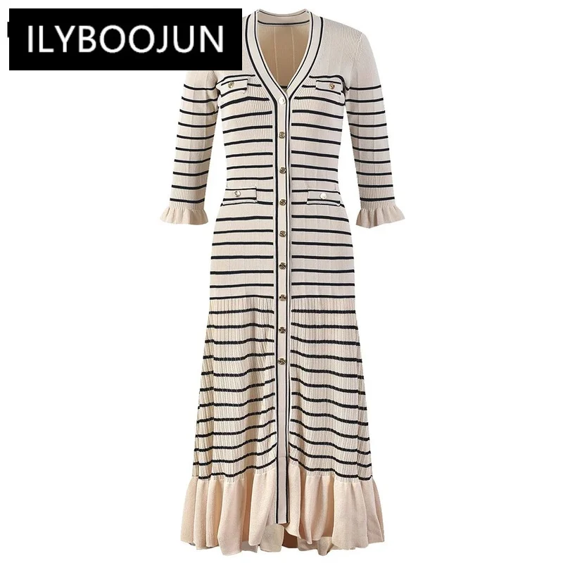 

French Style Tender Women Full Long Stripped Knitted Dress V-neck Flare Sleeve Quality Gorgeous Designing High