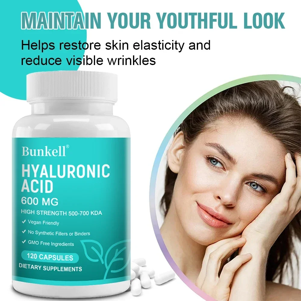 600 mg High Dose 500-700 kDa Hyaluronic Acid for Skin Health, 120 Veggie Capsules, GMO-Free and Additive-Free