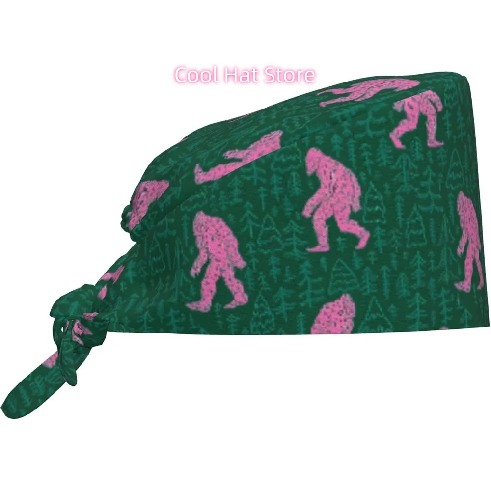 1pc Adjustable Scrub Cap with Sweatband - Lightweight 100%, Green with Pink Dinosaur & Foliage Print, Adjustable Unisex Nurse Ca