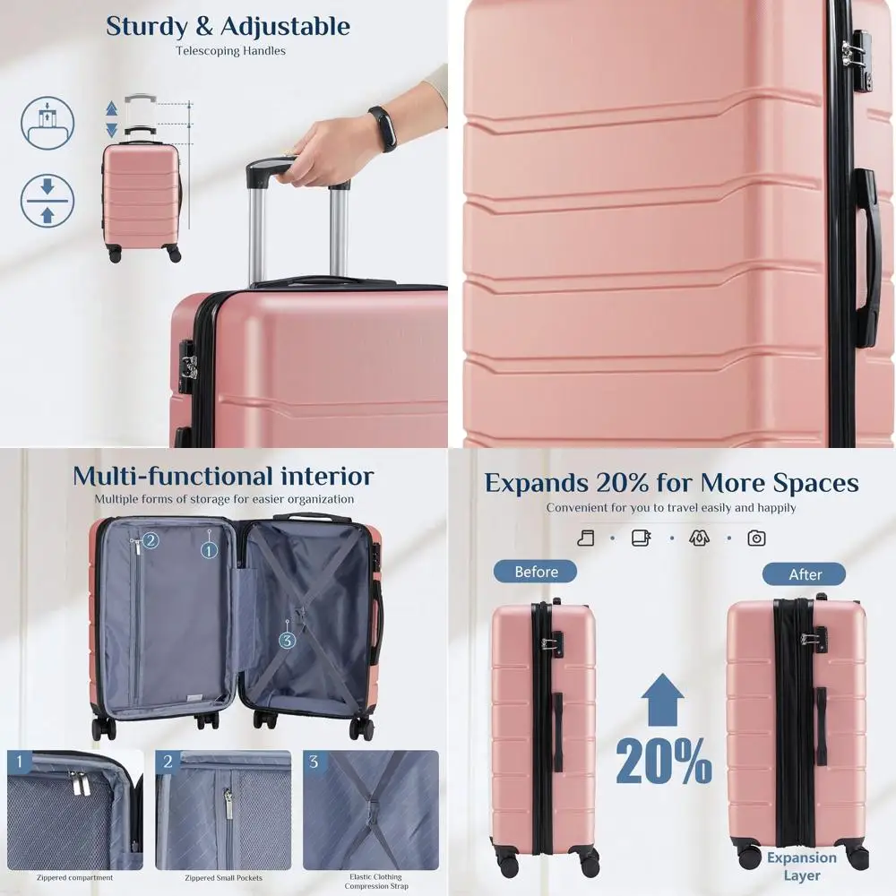 

24-розовый легкий расширяемый чемодан с твердым корпусом, замком TSA и двойными вращающимися колесами