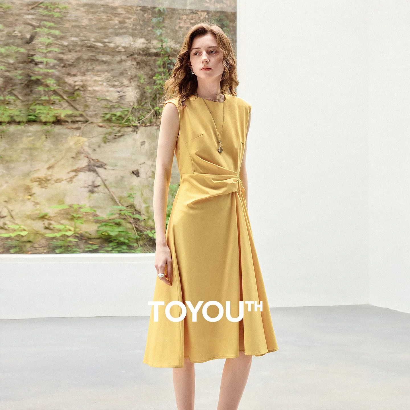 TOYOUTH Women Cotton Dress Summer 2026 Lemon Yellow Sleeveless Design Sense Pleated Midi Length Soft Comfortable Elegant Casual