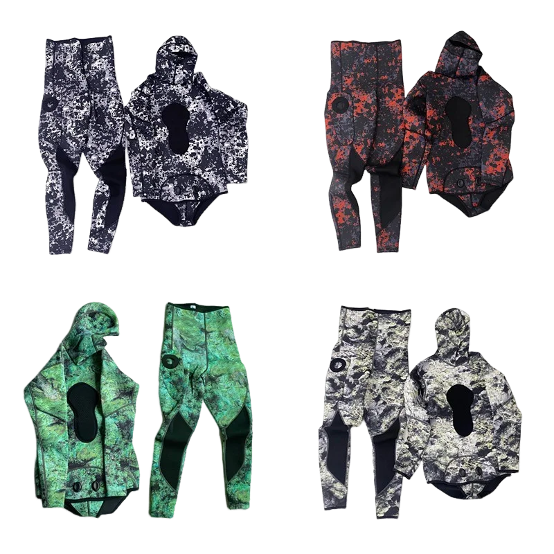 

Winter 3mm SCR Neoprene Camouflage Scuba Spearfishing Wetsuit Men Hooded Diving Suit 2 Pieces Set Deepwater Thermal Swimsuit