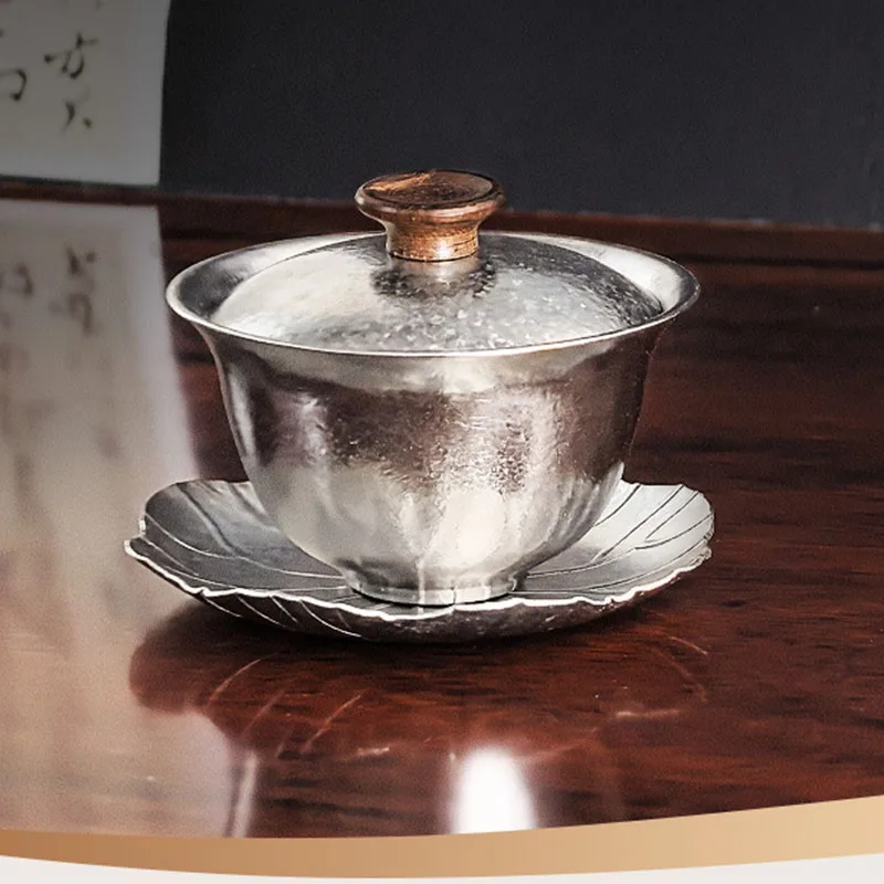 125/160ml Pure Titanium Hover Tea Gaiwan With Wooden Handle And Coaster,Double Layer,Heat Proof,Drinkware,Crystalline Tea Bowl