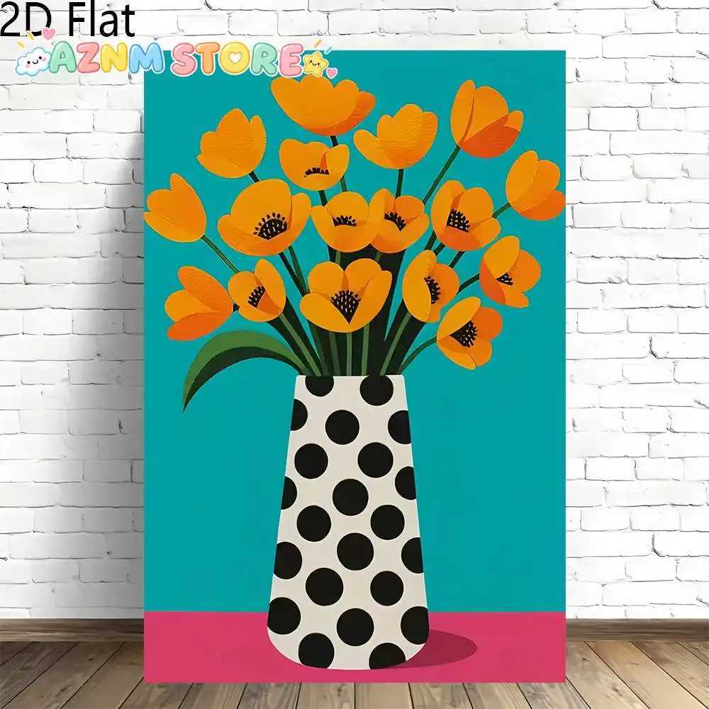2D Flat, 2D Flat, 2D Flat 1pc Artwork Featuring Orange Flowers in a Polka Dot Vase Set Against a Vibrant Background, Designed