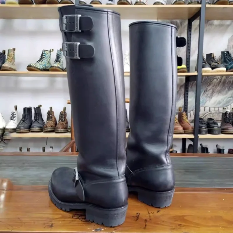 Black Long Motorcycle Boots Men's Leather Belt Buckle Decor Knight Boots Thick Heels Workwear Long Boots Super Cool Boots view 6