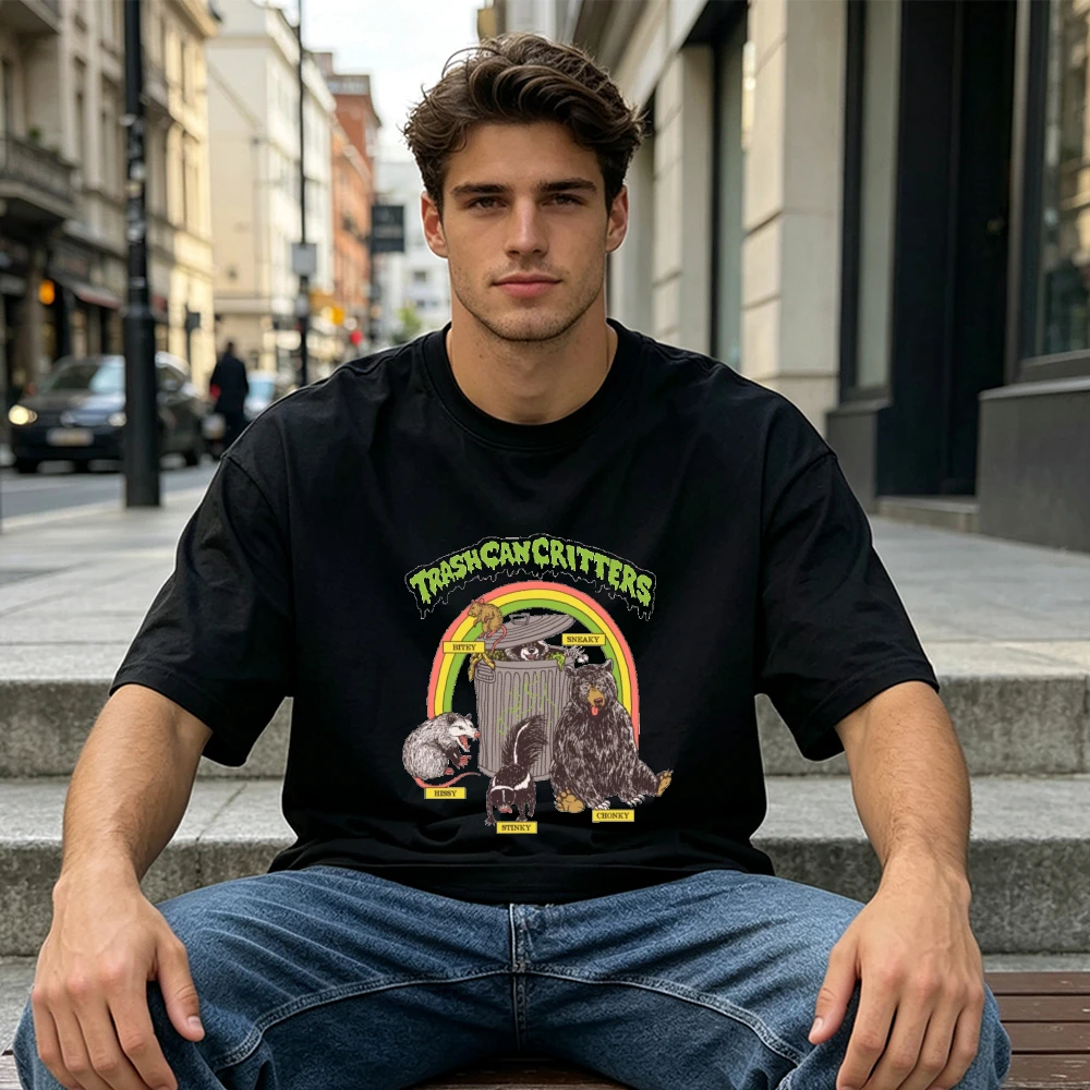 Trash Can Critters Group Portrait Unisex Men T Shirt Funny Urban Wildlife Raccoon Skunk Graphic Tee Animal Lover Gift