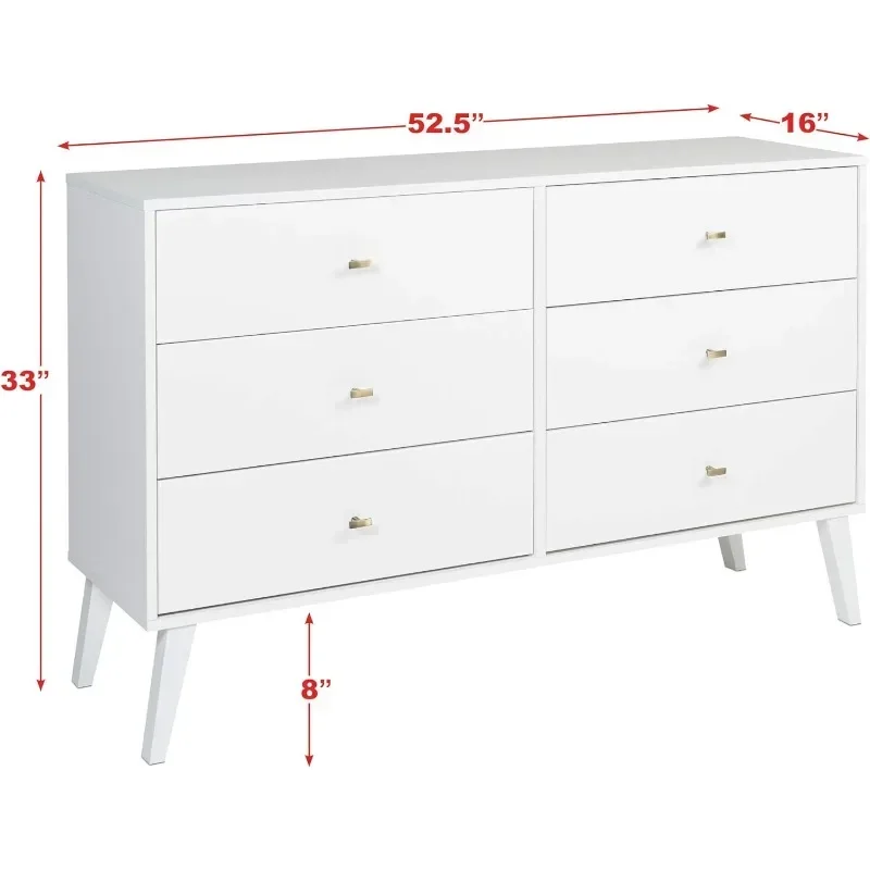 Midden Eeuw 6 Lades Dubbel Dressoir Voor Slaapkamer 16 "D X 52.50" Wx 33 "H, Witte Make-Up Bureau