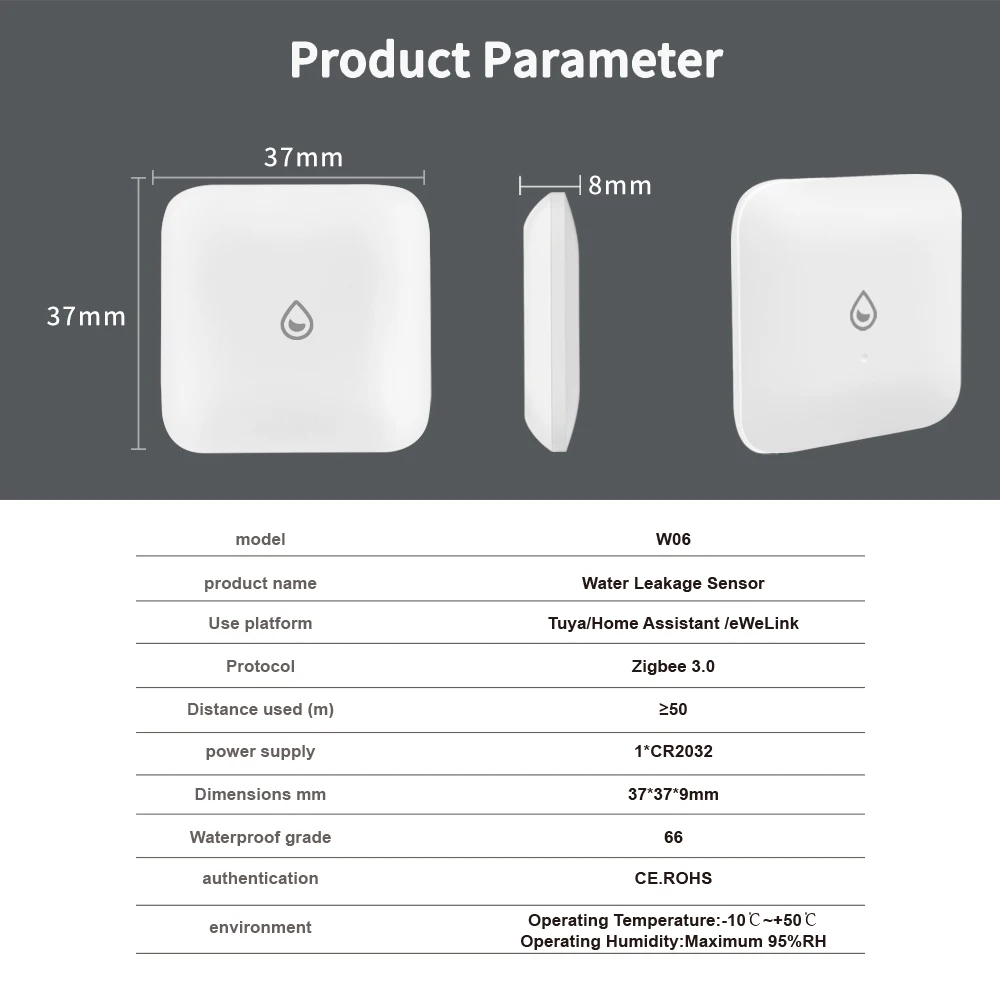 مستشعر ذكي صغير لتسرب المياه زيجبي إنذار كاشف التسرب الذكي يدعم تويا/مساعد المنزل/eWeLink لأمن المنزل الذكي