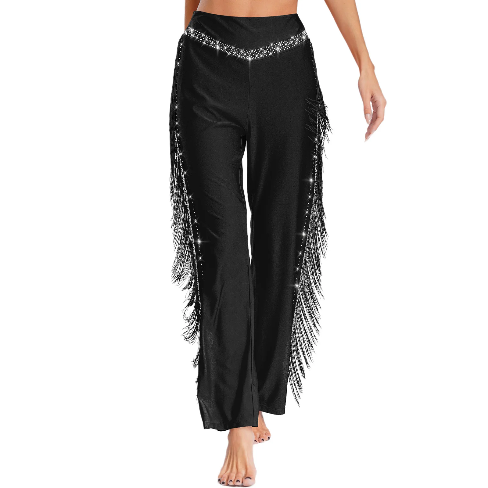 

Women Latin Dance Pants Tassels Shiny Rhinestones Elastic Waistband Pants for Cha-Cha Salsa Jazz Competition Performance Costume
