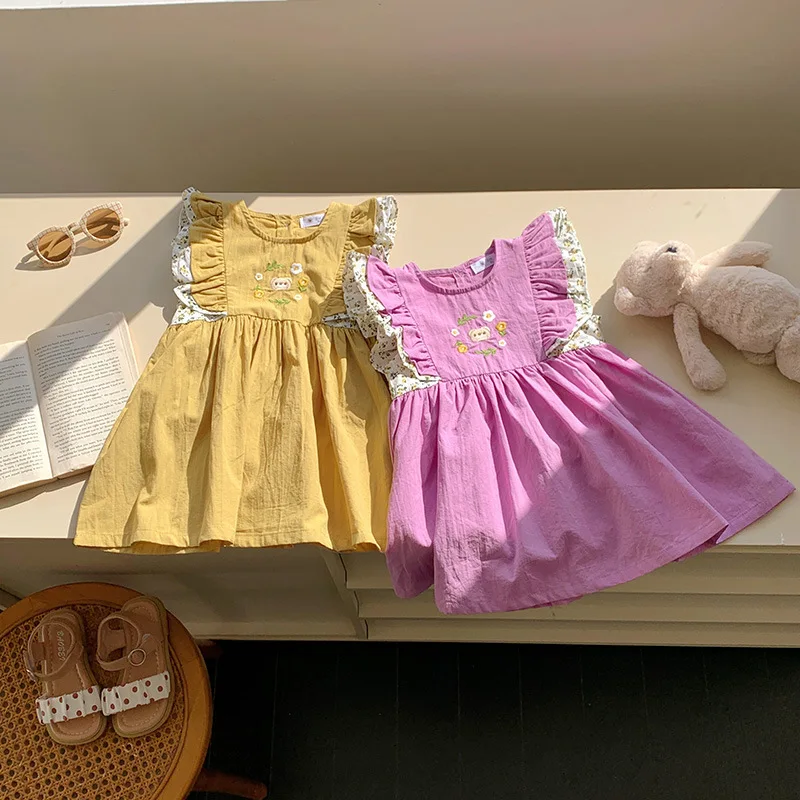 XTY-Floral Summer Girl Princess Dress Bear Embroidered No Flounced Sleeve Small Fresh Pastoral Style Vest Skirt Fashion