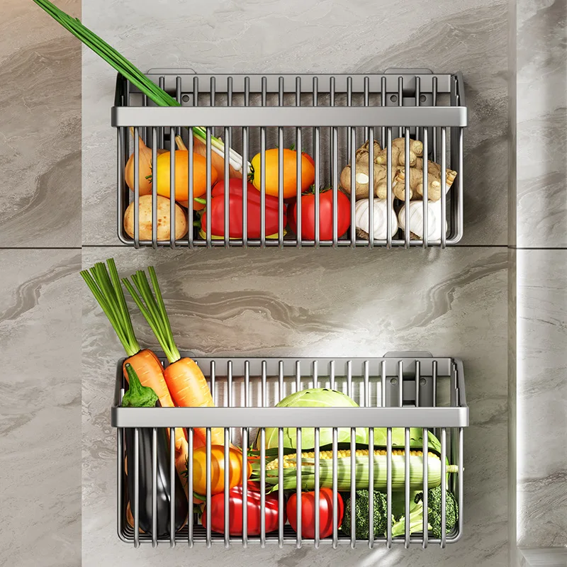 No-Drill Multifunctional Wall-Mounted Spice Rack Kitchen Storage Organizer Salt Seasoning Jar Vegetable Basket Rack