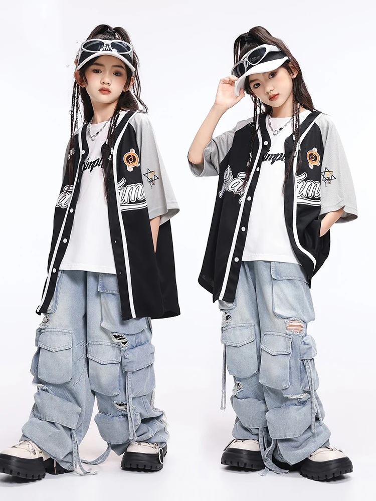 

Children Ballroom Hip Hop Dance Costumes For Girls Baseball Uniform Loose Pants Streetwear Boys Jazz Performance Wear DQS16479