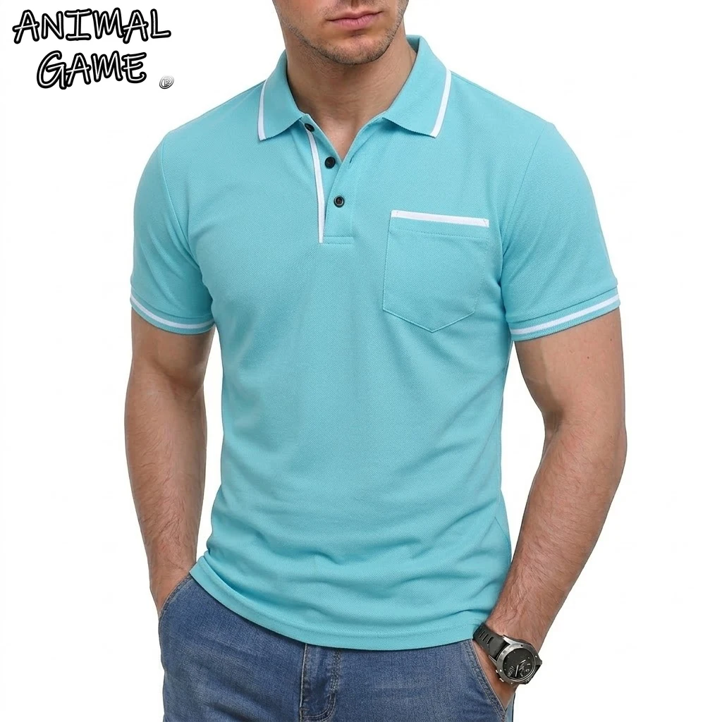 Sommer Herren Kurzarm-T-Shirts mit Tasche, Leichte Lässige Polohemden für Männer, Trendige Lockere Knopfleisten-Hemden für Herren