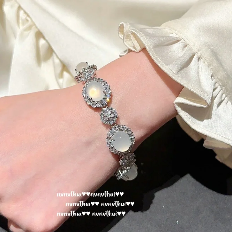 925 Silver Inlaid High Ice White Chalcedony Set Agate Earrings Bracelet Necklace Ring Four-Piece Set 3
