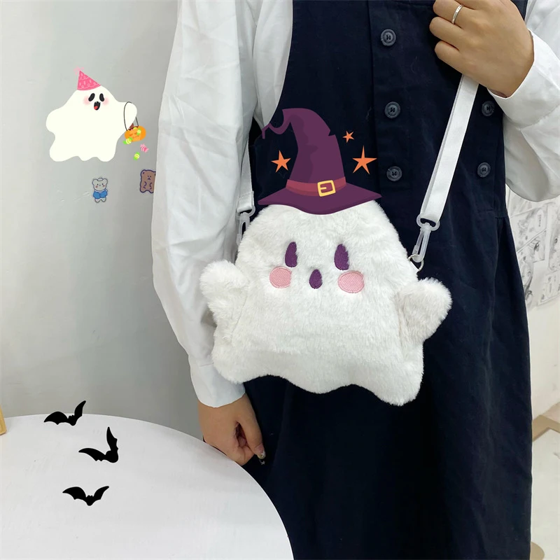 Cute Ghost Cartoon Canvas Bag para mulheres, bolsa de pelúcia, All Match Messenger Bag, sacos de ombro, moda casual