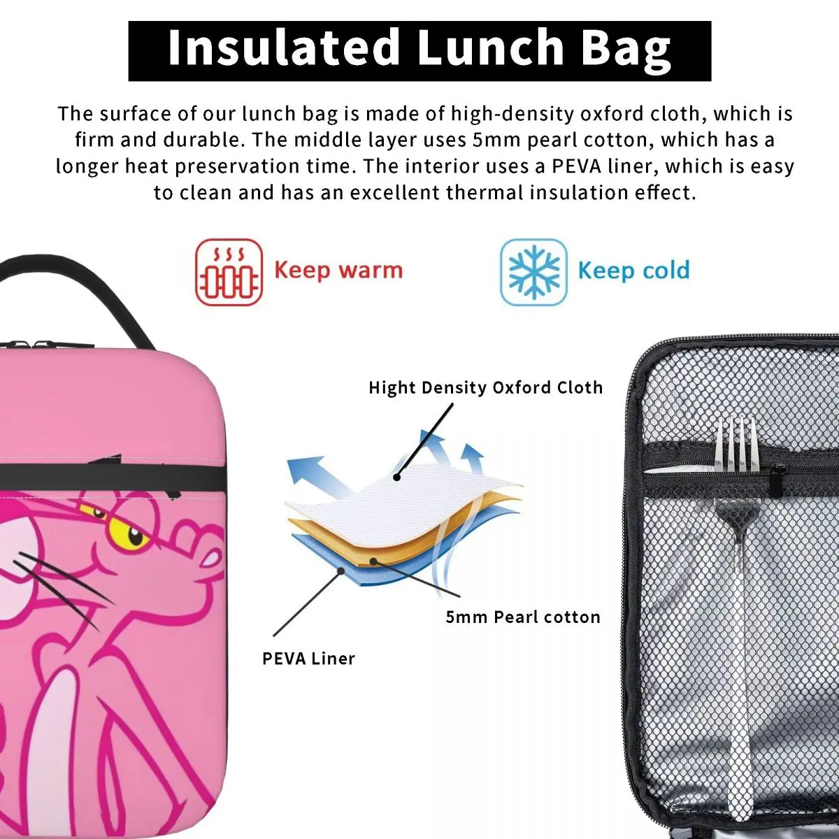 Pink Panther Insulated Lunch Bags Cooler Bag  Meal Container Cartoon Portable Tote Lunch Box Food Storage Bags Beach Picnic