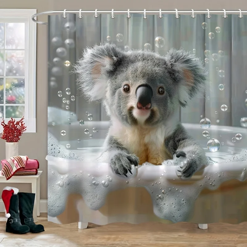 1pc Adorable Koala Shower Curtain, 179.83 X 179.83 Cm, Cute Animals Theme, Polyester Bathroom Decor With Hooks, Lazy Bear Bath P