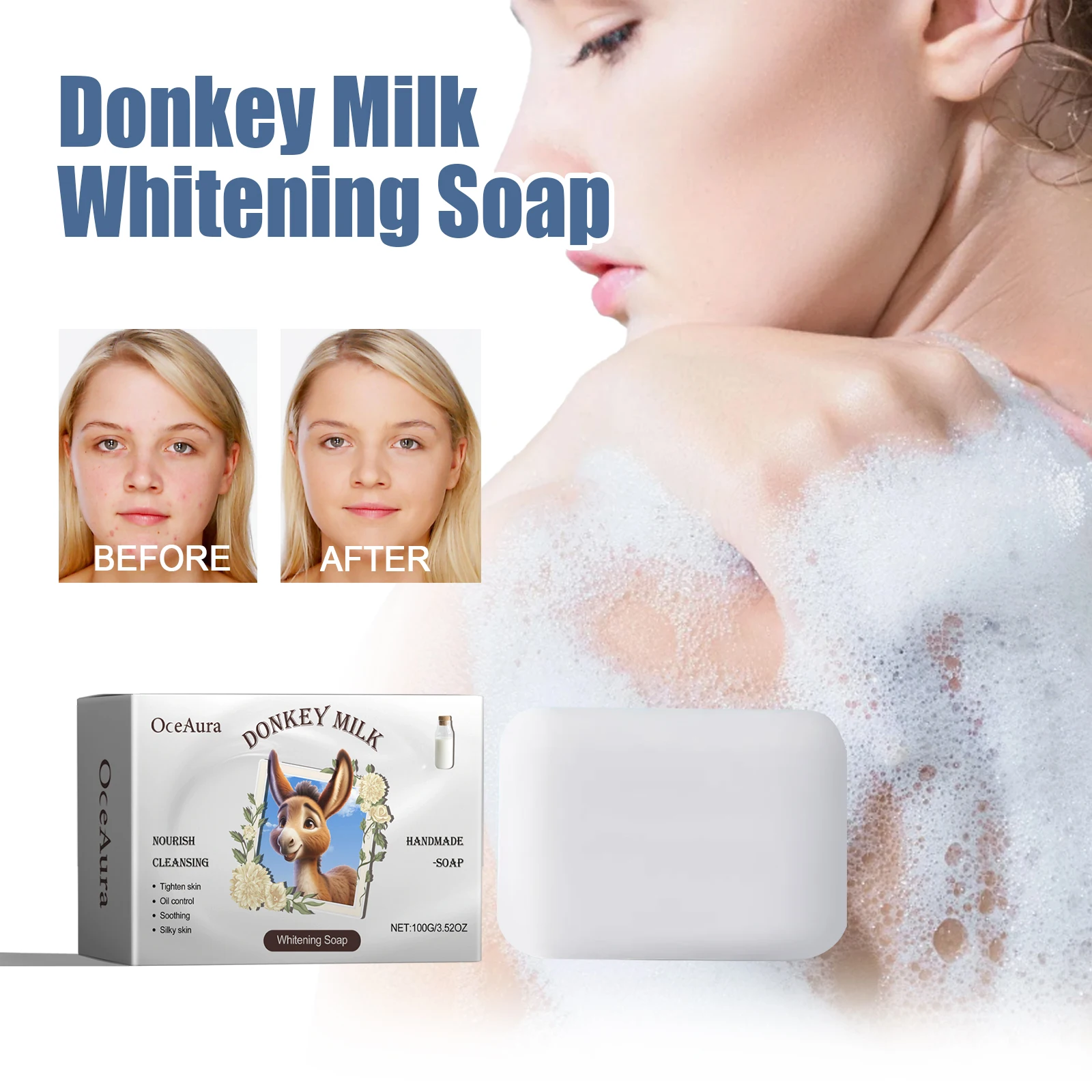 OCEAURA Donkey Milk Whitening Soap with Donkey Milk,Butyrospermum oil Bath Soaps Donkey Milk Soap Suitable for all Skin Types