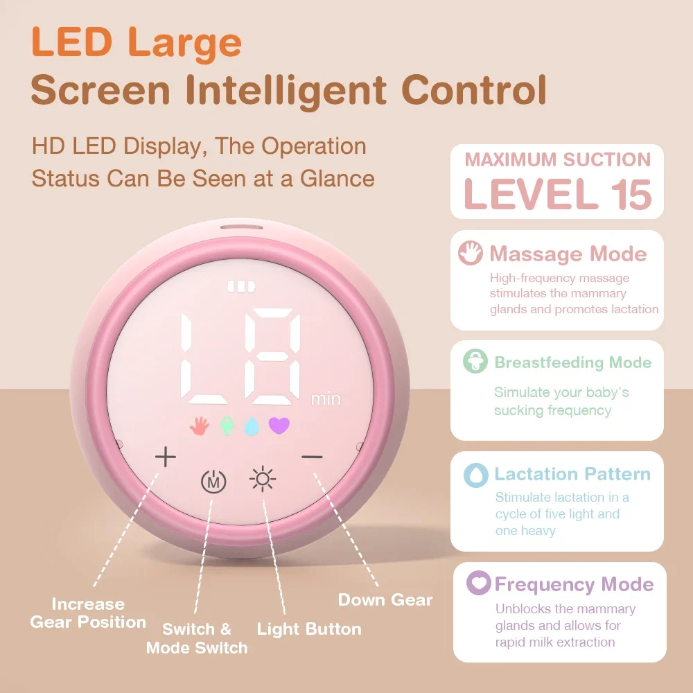 Extractor de leche eléctrico de poco ruido con luz nocturna, botella de leche de 180ml, extractor de leche inteligente integrado de alta succión