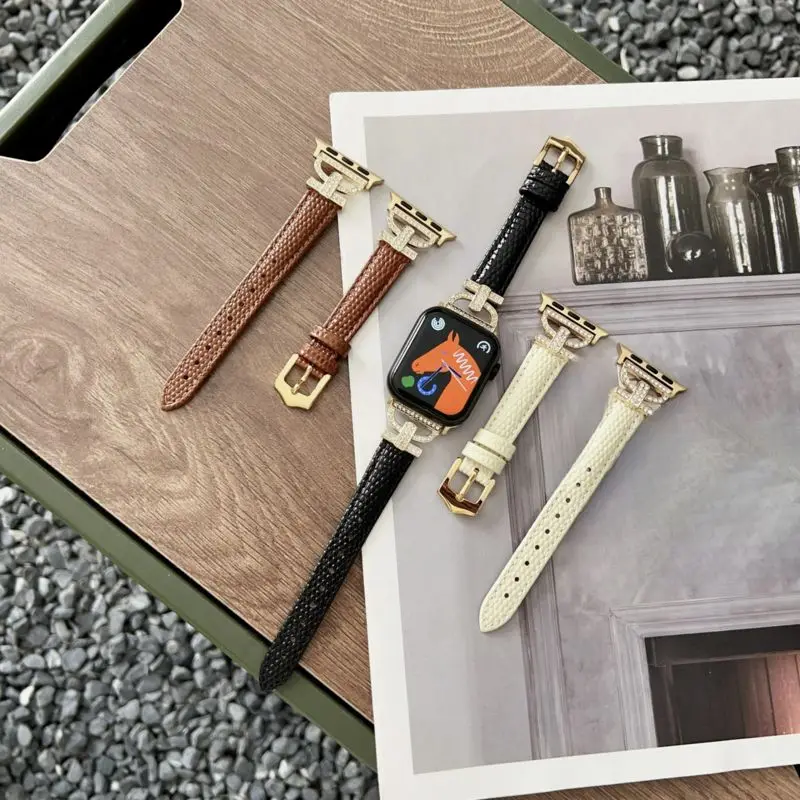 

Lizard Pattern Watch Straps For Apple Watch Bands 38 40 41 42 44 45 46 49mm Diamond Genuine Leather Bracelets for iwatch Correas