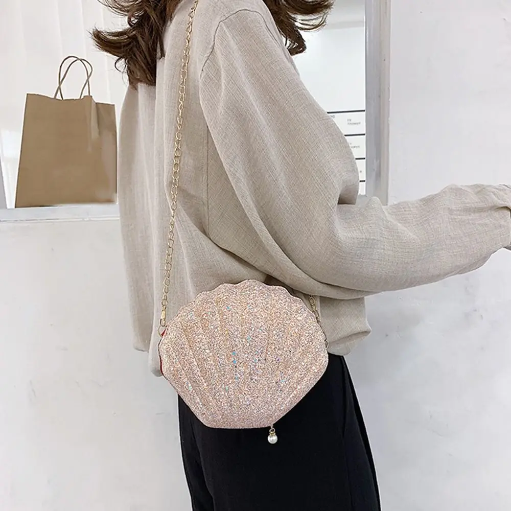 Chain Sequined Shoulder Bag For Women Pu Leather Handbags Cute Shell Crossbody Bags Female Sequins Small Bag Phone Money Pouch